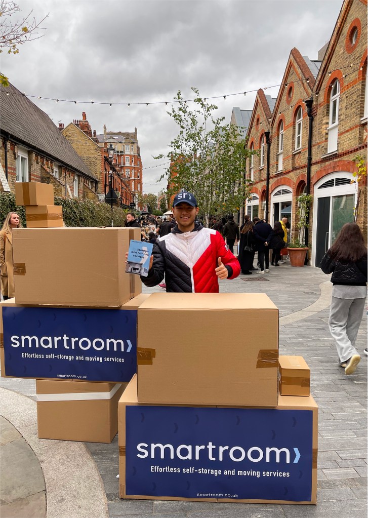Smartroom self storage boxes stacked near Harrods in Knightsbridge, London – premium storage service in a luxury retail district.